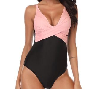 B2prity Women's One Piece Swimsuits Tummy Control
Front Cross V Neck Pink/Black